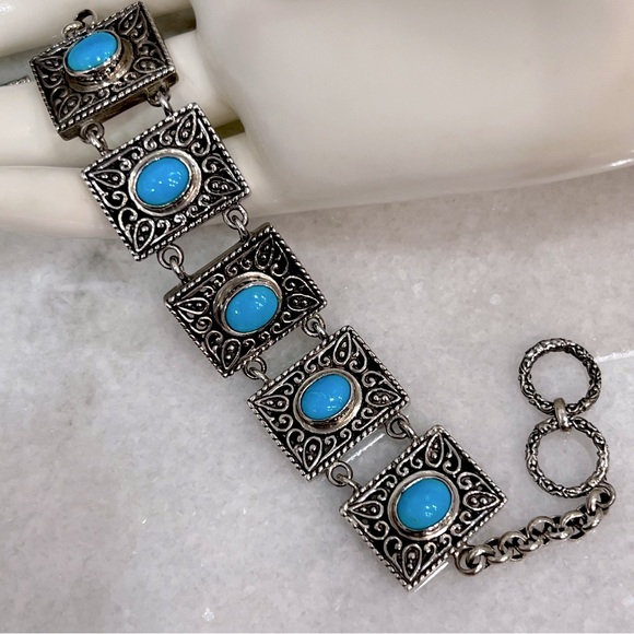 Arizona Sleeping Beauty Turquoise S925 Rectangular Link Toggle Clasp Bracelet - Picture 3 of 11
